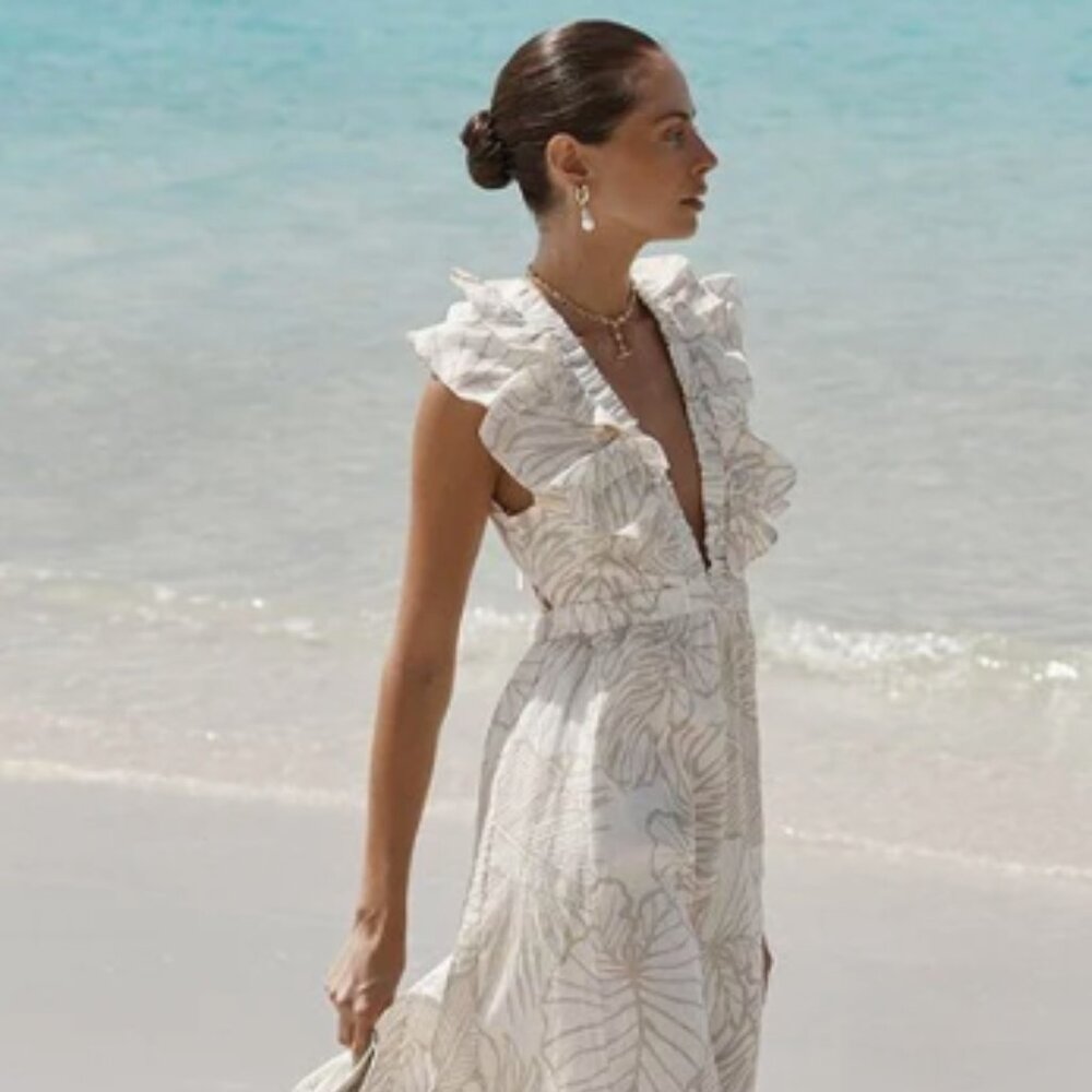 Dissh Malta White Palm Linen Dress - Size 6 (AUS 10)